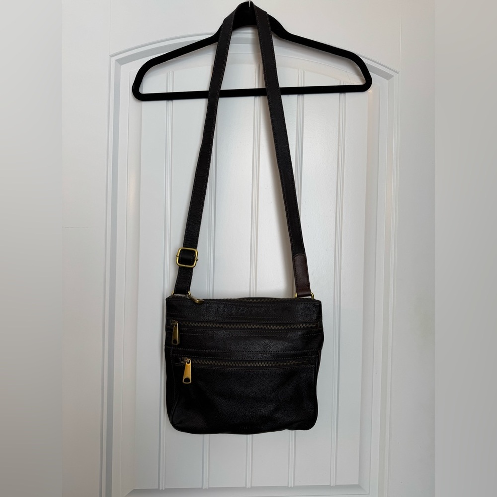 Dark Brown Leather Crossbody Fossil bag with Gold Hardware